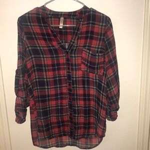 Plaid printed button down blouse